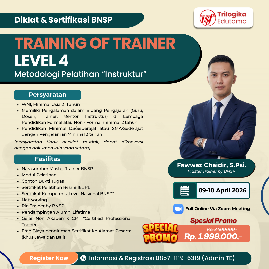 DIKLAT DAN SERTIFIKASI TRAINING OF TRAINER BNSP LEVEL 4 "INSTRUKTUR" APRIL 2026